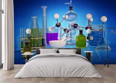 Chemical experiment, science research and chemistry concept, laboratory glassware on blue background Wall mural