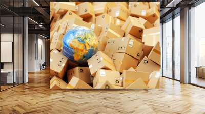 Distribution warehouse, international package shipping, global freight transportation business, logistics and delivery concept, background with heap of cardboard boxes, parcels and Earth globe Wall mural