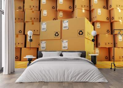 Distribution warehouse, package shipment, freight transportation and delivery concept, cardboard boxes on pallet and stack of parcels behind it on wooden floor in the retail store building Wall mural