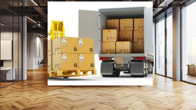 Freight transportation, packages shipment, warehouse logistics and cargo loading and unloading concept, delivery truck full of cardboard boxes and forklift with pallet isolated on white background Wall mural