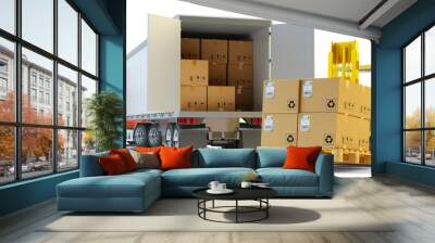 Freight transportation, packages shipment, warehouse logistics and cargo loading and unloading concept, delivery truck full of cardboard boxes and forklift with pallet isolated on white background Wall mural