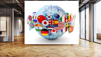 Global communication, international messaging and translation concept, speech bubbles with national flags of world countries around blue Earth globe isolated on white background Wall mural