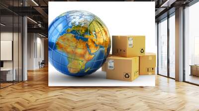 International package delivery concept, global purchases transportation business, stack of cardboard boxes and Earth globe isolated on white background Wall mural