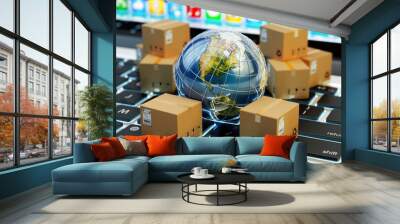 Internet shopping, online purchases, e-commerce, international package delivery concept, global transportation business, stack of cardboard boxes and Earth globe on computer keyboard Wall mural