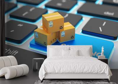 Internet shopping, online purchases, e-commerce, packages delivery and shipping service concept, cardboard boxes on computer keyboard key closeup view Wall mural