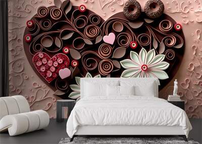 paper quilling of chocolate candy and flowers in a heart box for valentines day Wall mural