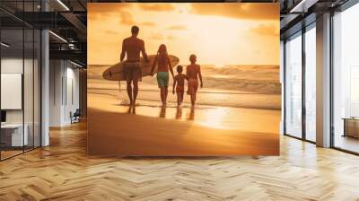 A family taking surf lessons on a paradise  beach with a sunset Wall mural