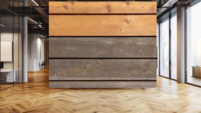 Close up abstract texture background of a cedar wood deck floor, showing new boards alongside older weathered boards, with copy space Wall mural