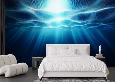 Deep blue undersea with sunlight ray through over surface ripple wave background. Dark scene beneath blue sun beam. Abstract marine and aquatic. 3D illustration Wall mural