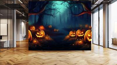 halloween pumpkins in the forest at night halloween background with evil pumpkin spooky scary dark night forrest holiday event halloween banner background concept Wall mural