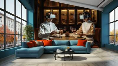 Illustration of people in a restaurant with virtual reality masks Wall mural