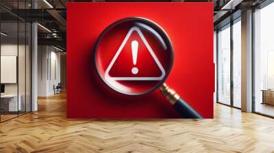 Magnifier magnifying exclamation mark on red background. Alert and precaution concept. Caution and risk management security signal announcement hazard and dangerous notice symbol Wall mural