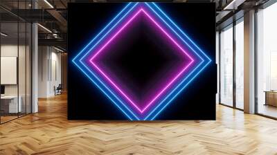 Parallelogram rectangle picture frame with two tone neon color shade motion graphic on isolated black background. Blue and pink light for overlay element. 3D illustration rendering wallpaper backdrop Wall mural