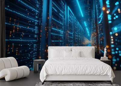 A diorama-style photo of a machine learning server farm, with glowing data streams connecting virtual machines, symbolizing the exciting innovation in AI technology. Wall mural