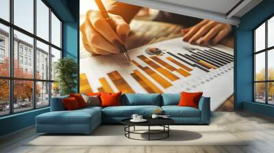 A high-resolution close-up of a stock market report with sharp upward trends at an investor conference Wall mural