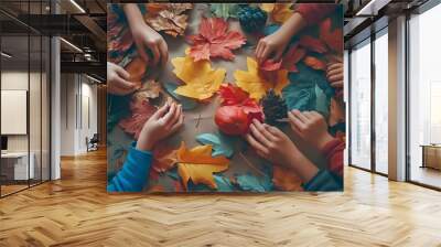 Photography of children crafting handmade Thanksgiving decorations with colorful paper and leaves, capturing a playful and creative atmosphere, 4k resolution, Plain background Wall mural