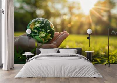 earth Green planet in your hands, Save Earth concept Wall mural