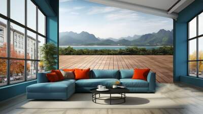 Empty Wooden Floor for Product Display with Scenic Sea and Mountain Background Wall mural