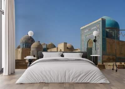 Panorama view of beautiful medieval mausoleums with blue tile mosaic decoration at Shah-i-Zinda necropolis in UNESCO listed Samarkand, Uzbekistan Wall mural