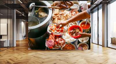 colored thai food in floating market, food seller in thailand, typical thai food background Wall mural