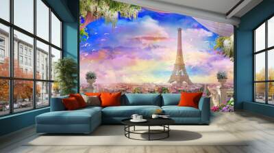 Beautiful view from the  flower-covered balcony to the Eiffel tower and pink sunset. Digital collage , mural and fresco. Wallpaper. Poster design. Modular panno. Wall mural