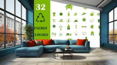 Green energy ecology icons set. Renewable energy, ecology and green electricity icons. Ecology and nature green symbol collection. Green energy, renewable energy and green technology.  Wall mural