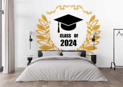 Set of class of 2024 graduation award emblem design template. Graduation cap with laurel wreath in gold color. Concept for shirt, print, seal, overlay or stamp, greeting, invitation card Wall mural