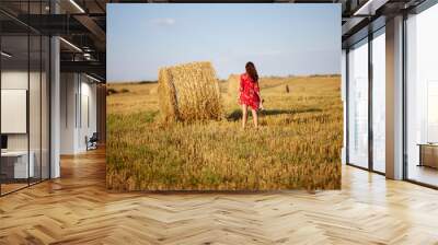 Portrait of beautiful young woman with long hair in floral dress in the summer field near haystacks on sunset. Wall mural