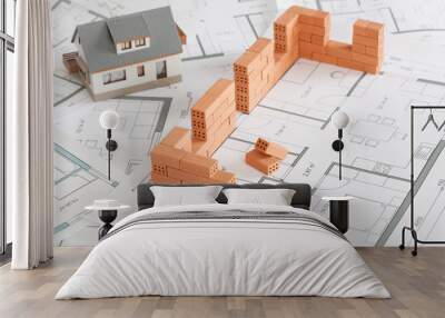 Model house construction with brick on blueprint Wall mural