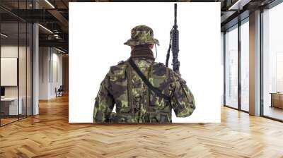 Soldier in camouflage and modern weapon M4. Wall mural