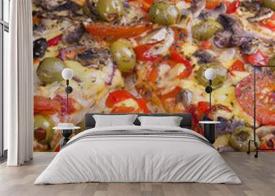 homemade pizza with olives, mushrooms and peppers Wall mural