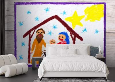 Photo of colorful drawing: Nativity scene. Christmas time Wall mural