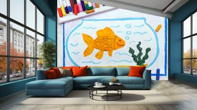 Photo of colorful drawing: Smiling goldfish in blue fishbowl. Fish with bubbles in glass Wall mural