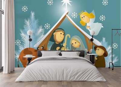 Cartoon nativity scene with holy family Wall mural