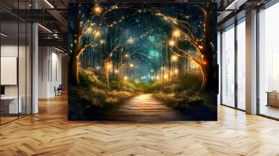 A path that leads to a separate world in the depths of the forest. Wonderful environment for fairy tale illustrations and even wallpaper.Magic fairytale forest with fireflies lights.AI generated illus Wall mural