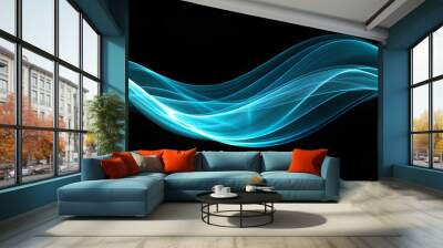 Against a black background, a calm display of rippling light waves stretches out,creating a sense of digital movement and energy.The rhythmic flow of cyan lines gives a futuristic look.AI generated. Wall mural