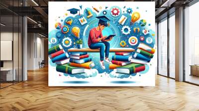 An illustration of a student in graduation cap immersed in digital learning surrounded by books, icons of innovation and education.Education concept.AI generated. Wall mural