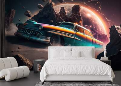 An imaginary car. An oldtimer car racing on an alien planet. An imagined concept full of colors and visual elements. Image generated by AI. Wall mural