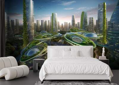 An imagined futuristic slightly sci-fi eco-friendly city. Innovations of an environmentally friendly metropolis. Green technology concept. Generative AI. Wall mural