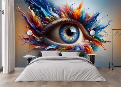 An intensely detailed human eye is captured mid-gaze, surrounded by a vibrant explosion of colorful paint splashes, symbolizing creativity and the spectrum of human vision.AI generated. Wall mural