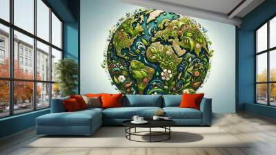 An intricate illustration of a world globe made of diverse flora and fauna, with a rich ecosystem depicted in a vibrant and detailed artistic style.Earth day concept. AI generated. Wall mural