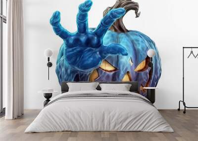 Between blue zombie hands is a carved pumpkin with a creepy face that burns inside and creates fear on Halloween night. In front of a clean background in cartoon style in 3D design.AI generated illust Wall mural