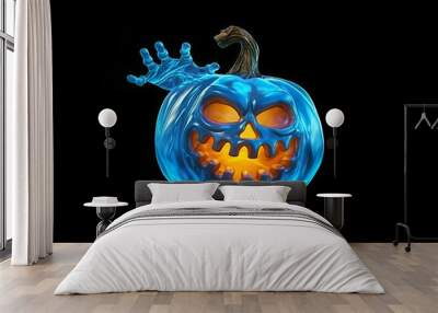 Between blue zombie hands is a carved pumpkin with a creepy face that burns inside and creates fear on Halloween night. In front of a clean background in cartoon style in 3D design.AI generated illust Wall mural