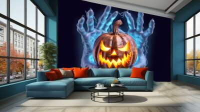 Between blue zombie hands is a carved pumpkin with a creepy face that burns inside and creates fear on Halloween night. In front of a clean background in cartoon style in 3D design.AI generated illust Wall mural