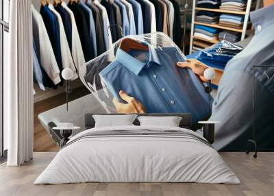 Close-up of a person's hand carefully selecting a neatly ironed, bright blue shirt,wrapped in a transparent cloth cover, with a row of similarly prepared shirts hanging in the background. AI generated Wall mural