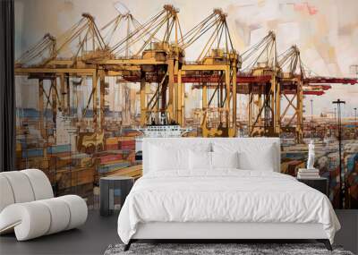 Container storage in the port in a painting style.Freighter import export global business trade. Containerized cargo in industrial port. AI generated illustration. Wall mural