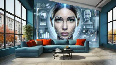 Digital representation of a female face surrounded by biometric lines and futuristic user interface elements, featuring advanced face recognition technology. Face recognition concept. AI generated. Wall mural