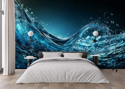 Dynamic water splash forming a fluid wave, with vivid blue tones and transparent droplets in a freeze-motion, symbolizing purity and movement.Background concept. AI generated. Wall mural