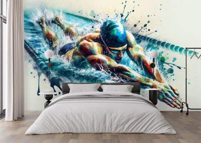 Dynamic watercolor illustration of a male swimmer in mid-stroke, splashing water energetically, with droplets and strokes of color highlighting the movement.Sport concept.AI generated. Wall mural