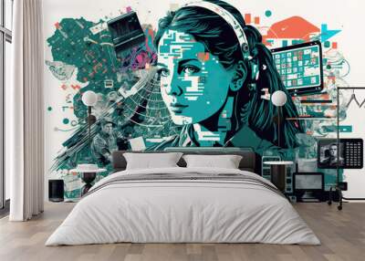 Education and work in the field of computer technology. Advanced technology helps our everyday life. AI generated vector illustration. Wall mural